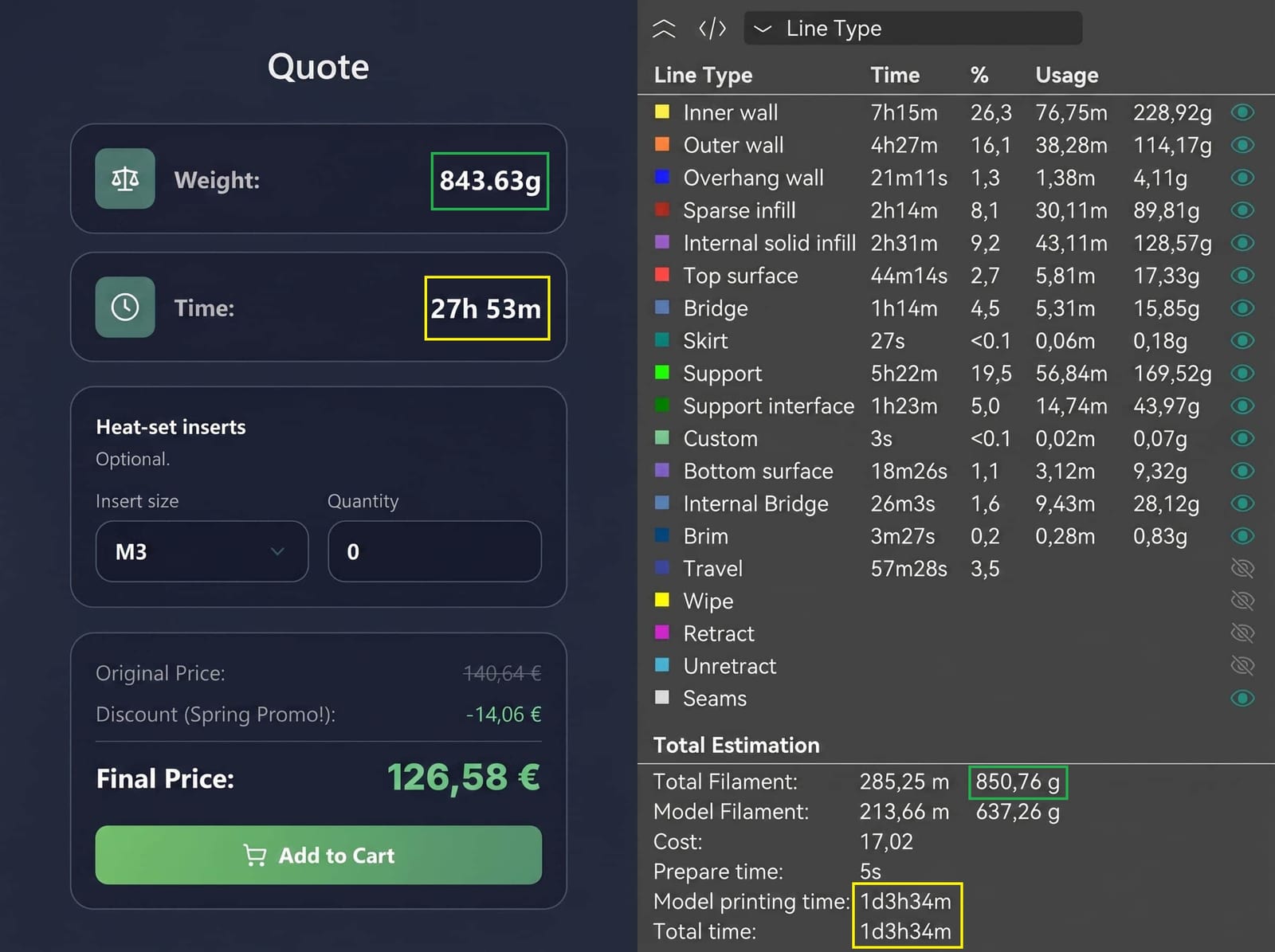 Eksaria online quoter showing exact machine hours and material-based pricing for a 3D model